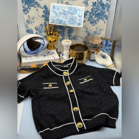 🆕 KARL LAGERFELD 🧿 NWT Black Classic Jacquard Knit Short Sleeve Sweater SzL - Picture 13 of 16